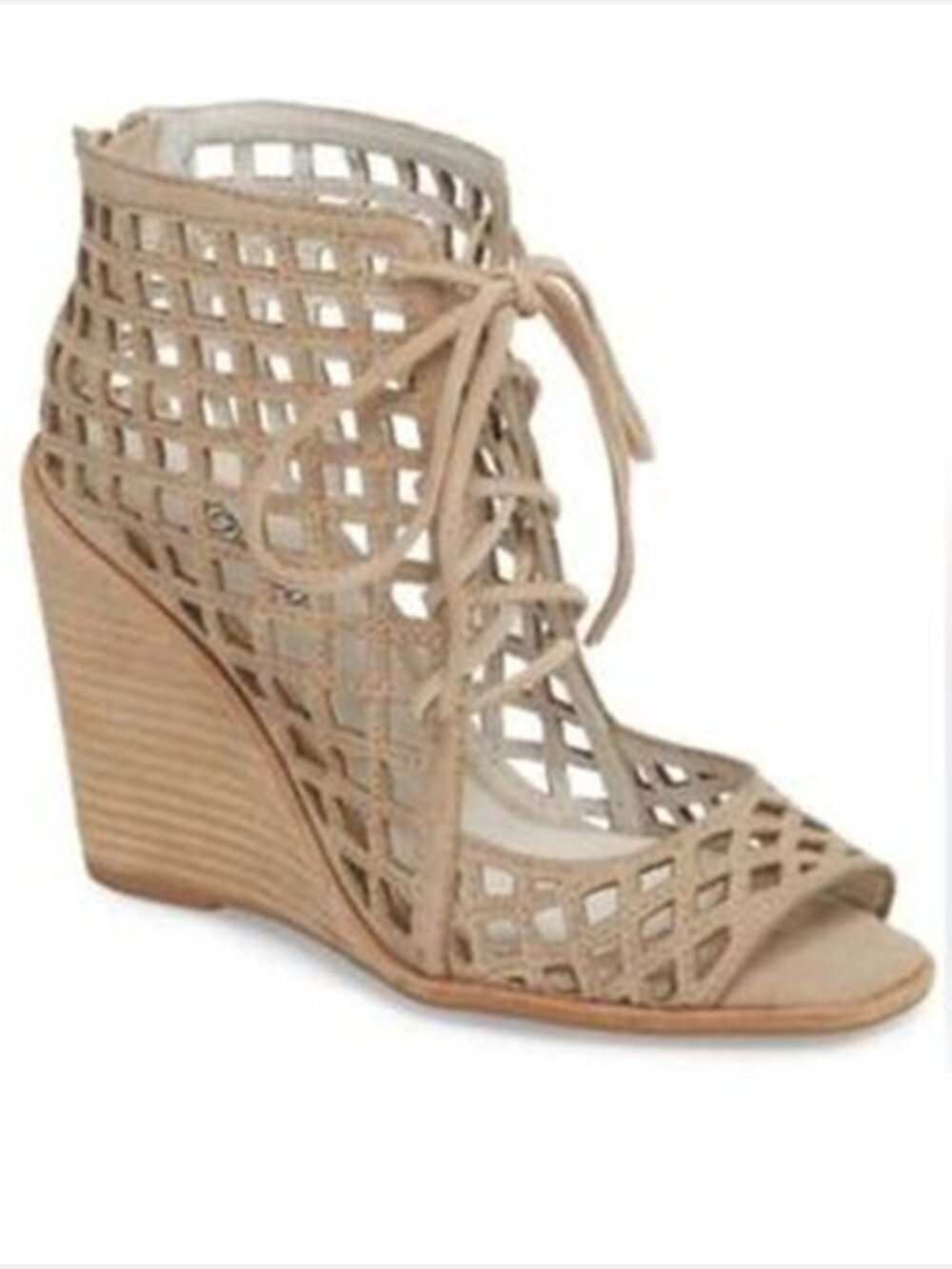 Jeffrey Campbell Taupe Laser Cut Suede Lace Up Wedge Open Toe Heels Women US 8
